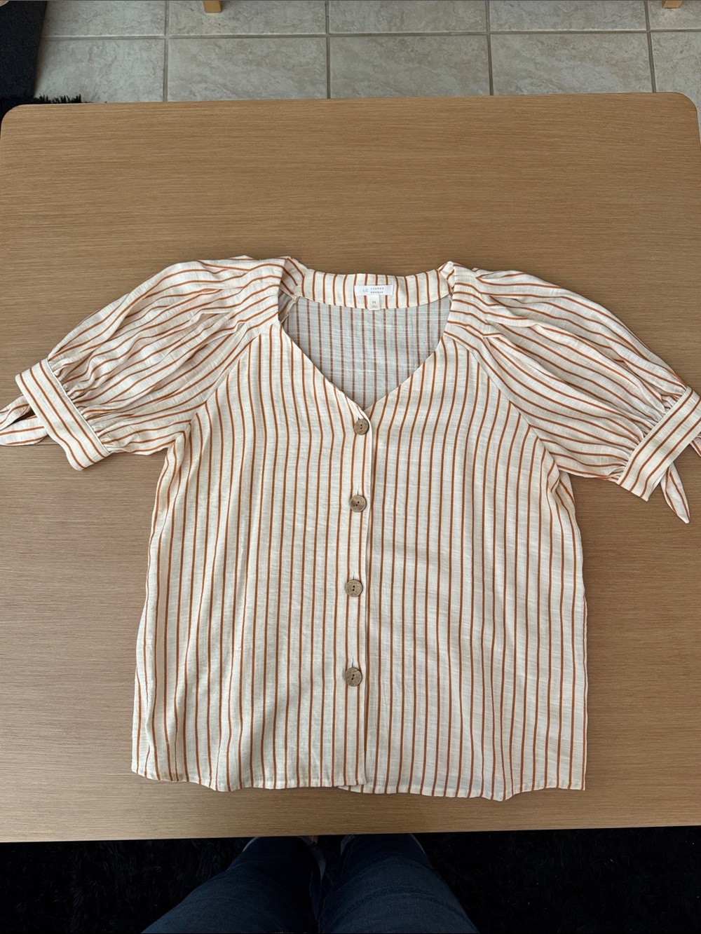 LC Lauren Conrad Cream and Rust Stripe Button-Front Puff Sleeve Blouse - Size M